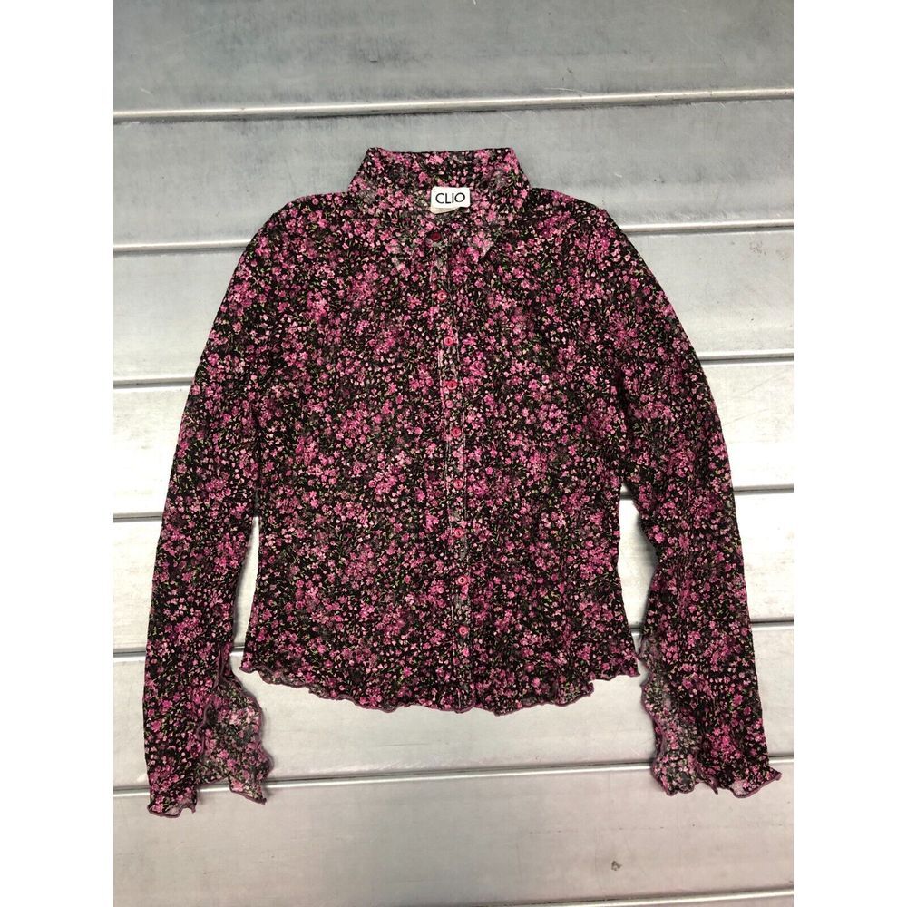 Vtg Clio Sheer Shirt Womens Large Pink Black Floral Lace Ruffled Button Up Goth